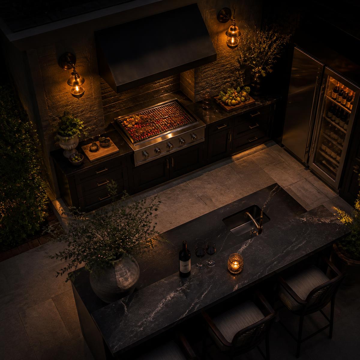 Outdoor kitchen at dusk